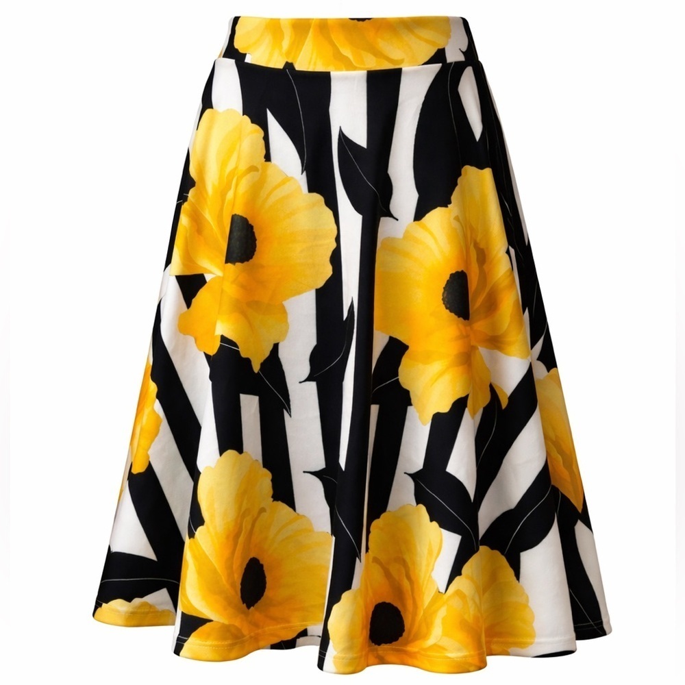 Shein Women's Size Small Floral A-Line Skirt, Striped and w/ Yellow Florals NIB